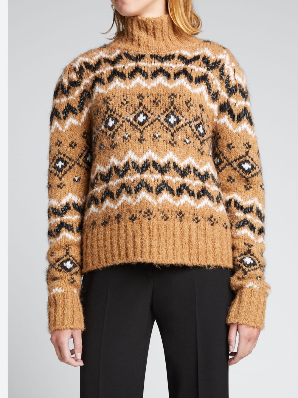Veronica beard chiana brown fair isle turtle neck beaded sweater sz m
